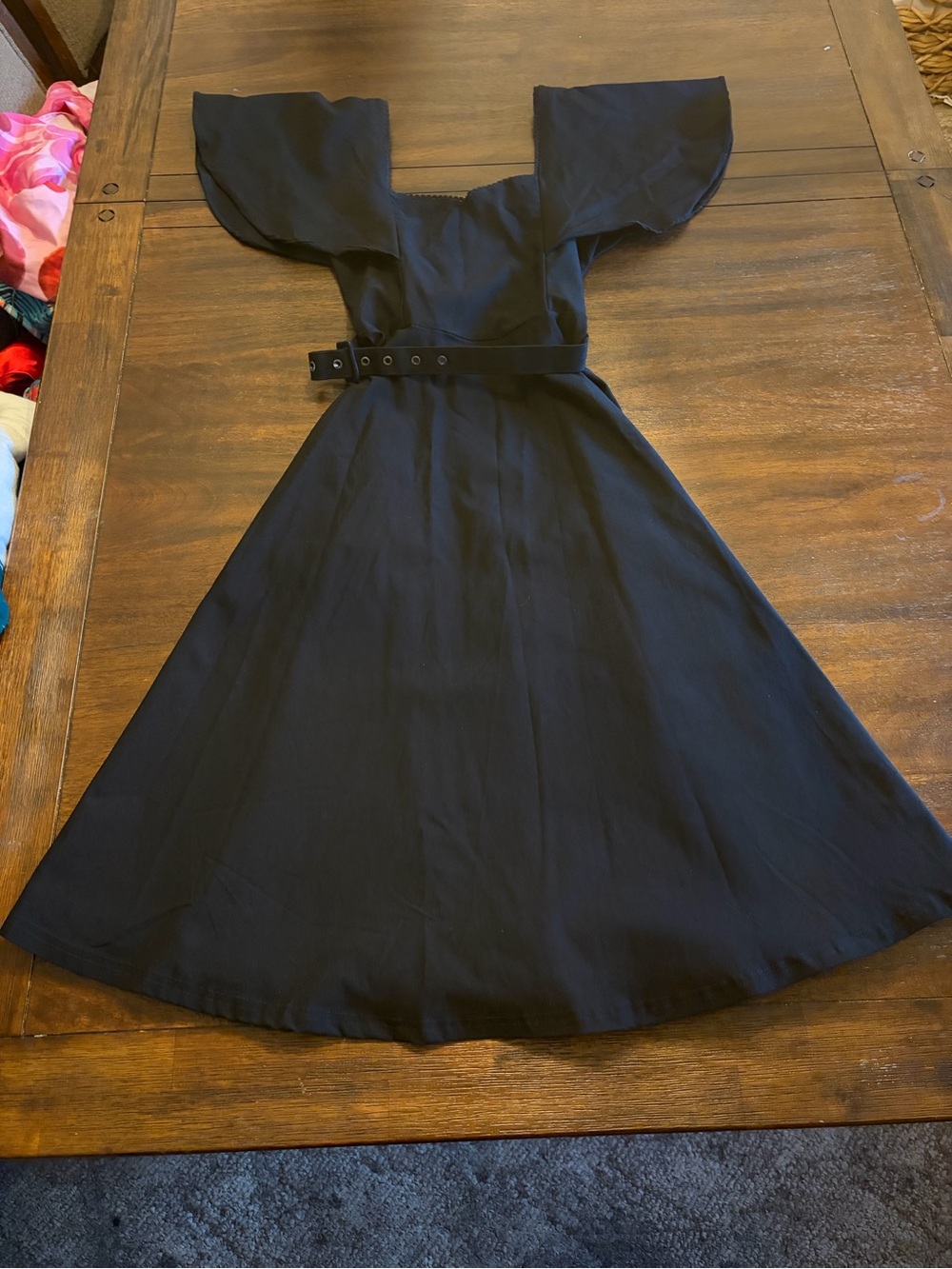 Unique Vintage Black Off Shoulder Fit & Flare Midi Dress Belted XS 0 2